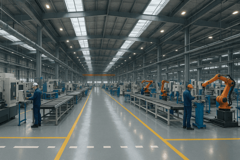 High-pressure industrial odor neutralizing system purifying air inside a large manufacturing factory