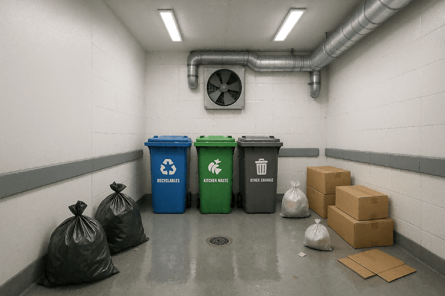 Industrial odor control system for trash rooms and garbage storage areas