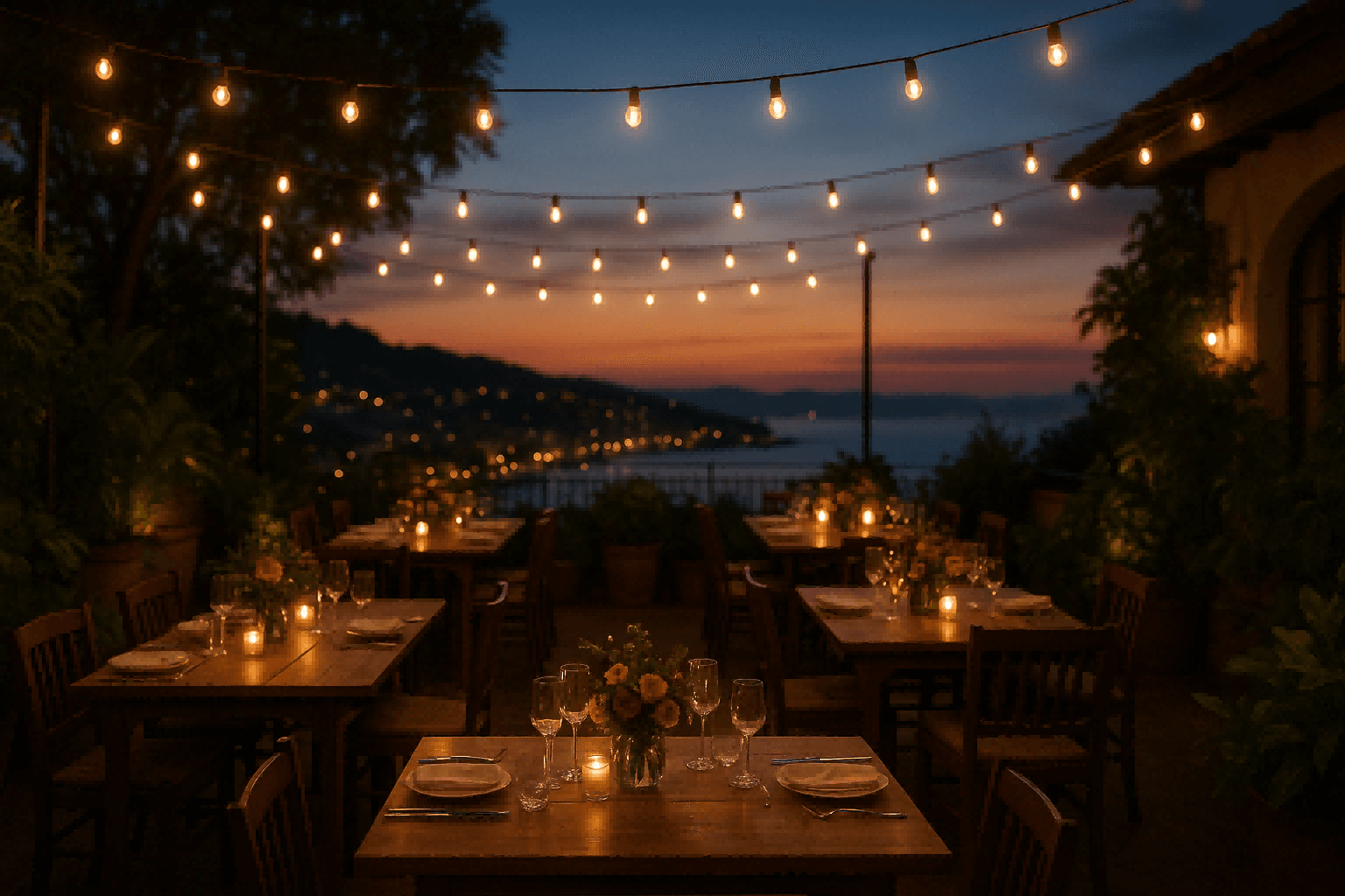 Natural pyrethrum misting system protecting an outdoor dining area from flying insects
