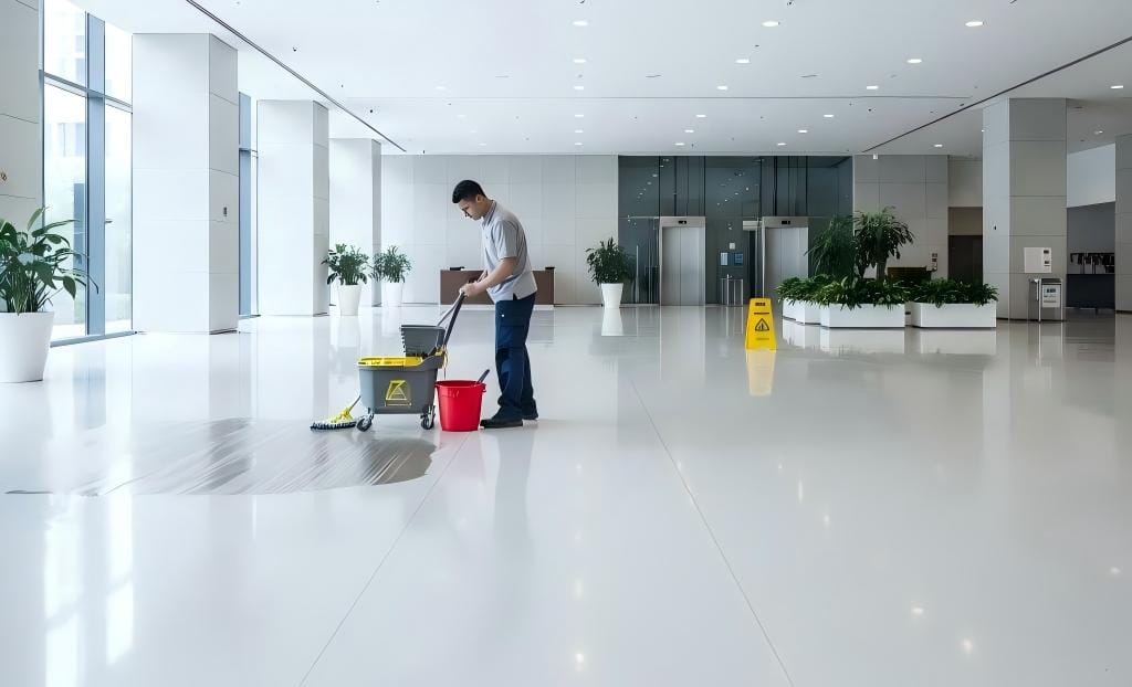 Using 3-in-1 restroom deodorizer & sanitizer concentrate for commercial floor sanitation