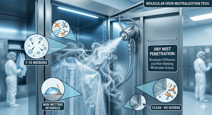 Airsafer dry fog deodorization system diffusing micro-particles into cleanroom locker corners for complete odor control