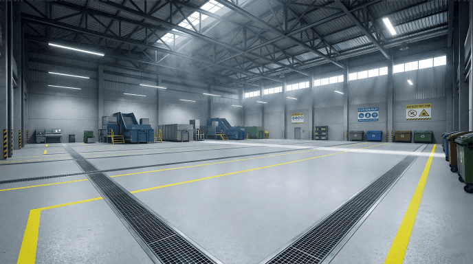 Close-up of high-traction anti-slip flooring and efficient floor drains in a waste management facility to prevent puddling