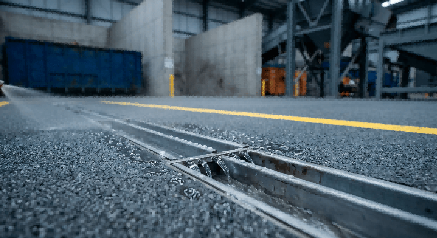 A clean industrial concrete floor in an MSW transfer station with safety markings