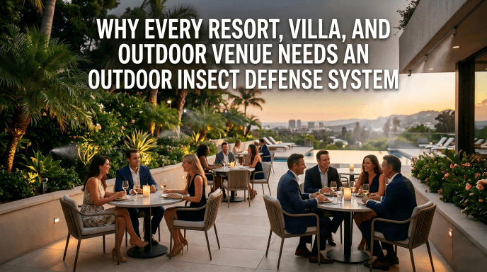 Infographic titled Why Every Resort, Villa, and Outdoor Venue Needs an Outdoor Insect Defense System showing a luxury outdoor dining terrace at sunset.