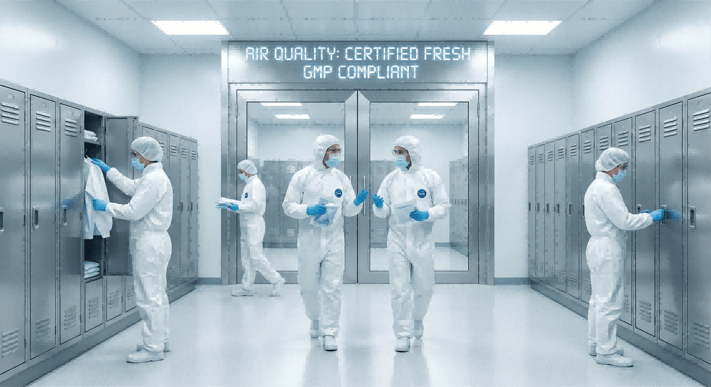 Odor-free, GMP-compliant cleanroom gowning room after treatment with a dry fog deodorization system
