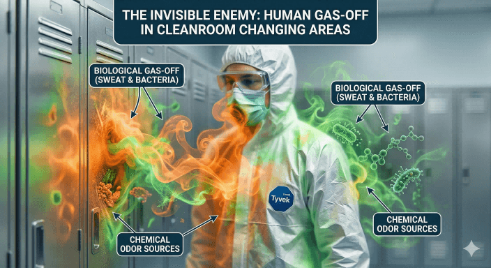 Thermal visualization of invisible cleanroom VOCs and bacteria causing persistent gowning room odor around a worker