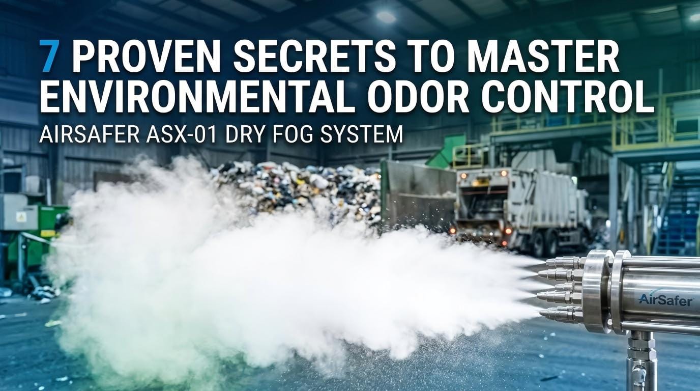 AirSafer ASX-01 Dry Fog System spraying a fine neutralizing mist in an industrial waste facility for effective environmental odor control