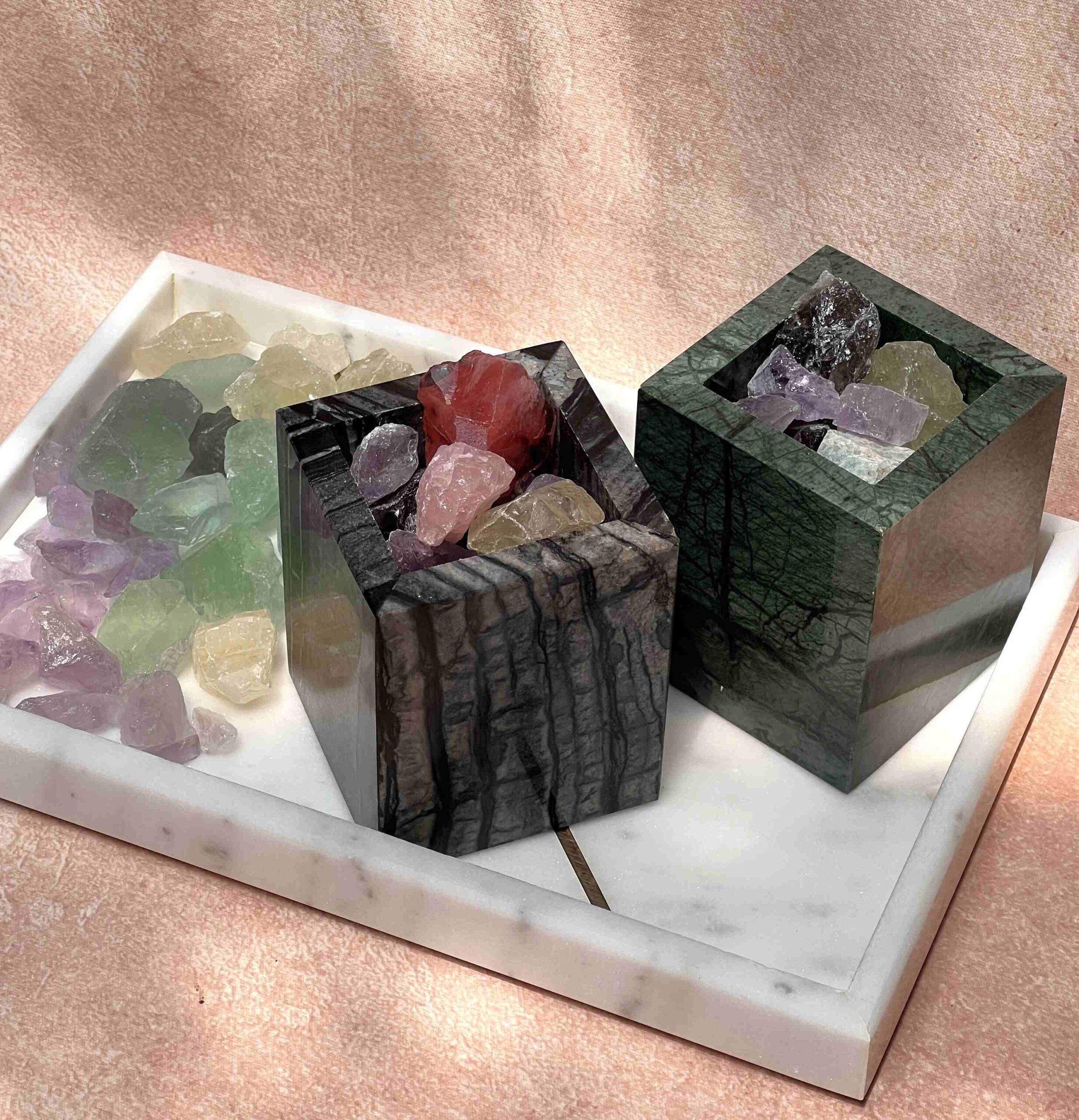 Overall angled view of the AirSafer natural marble diffuser stone designed for passive aromatherapy, showcasing its organic cut and solid structure.