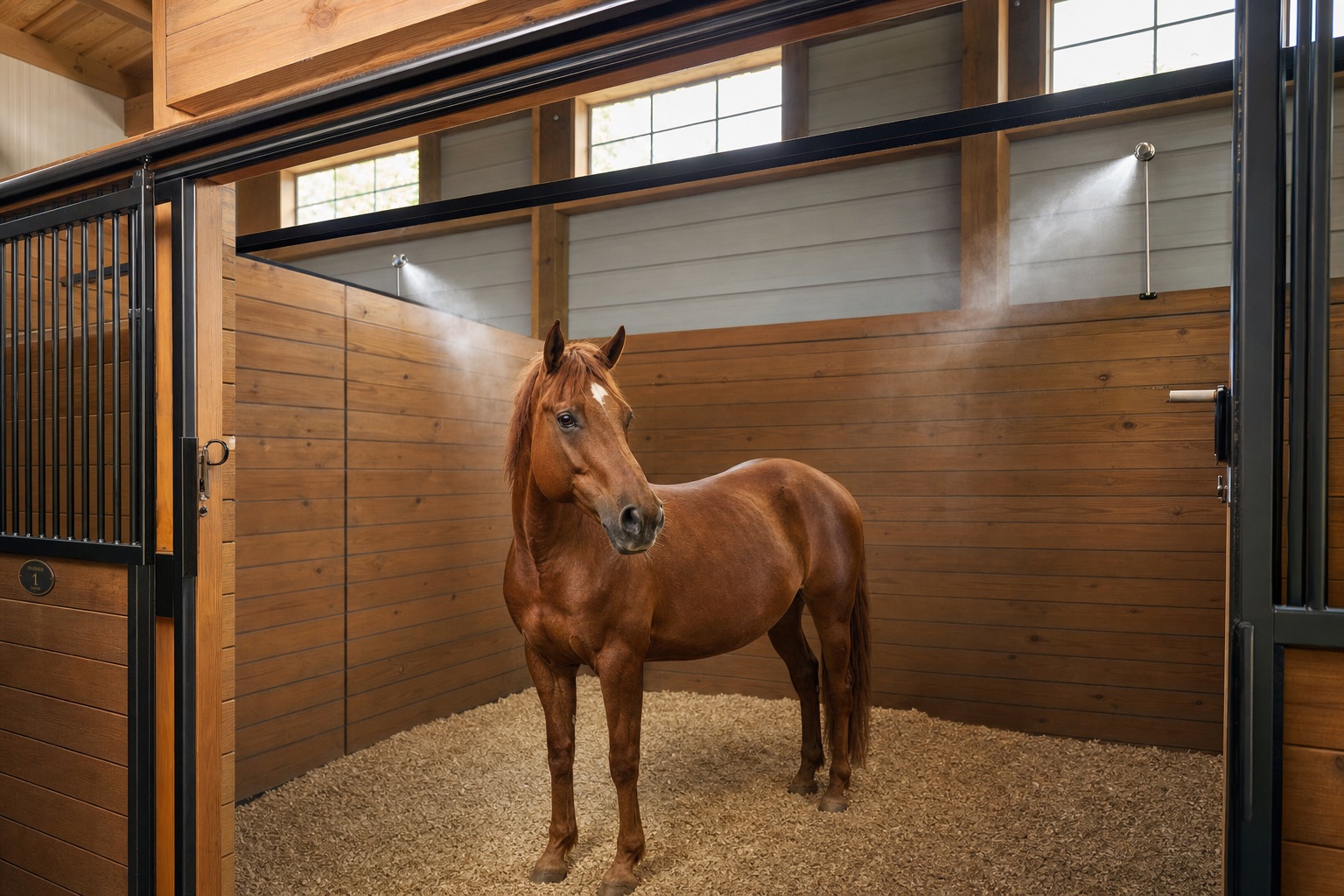 a-clean-professional-photograph-of-a-modern-hors-20260520-185816 Modern horse barn with Barn Fly Spray System nozzles mounted at 8-10 feet height, chestnut horse relaxed in clean stall