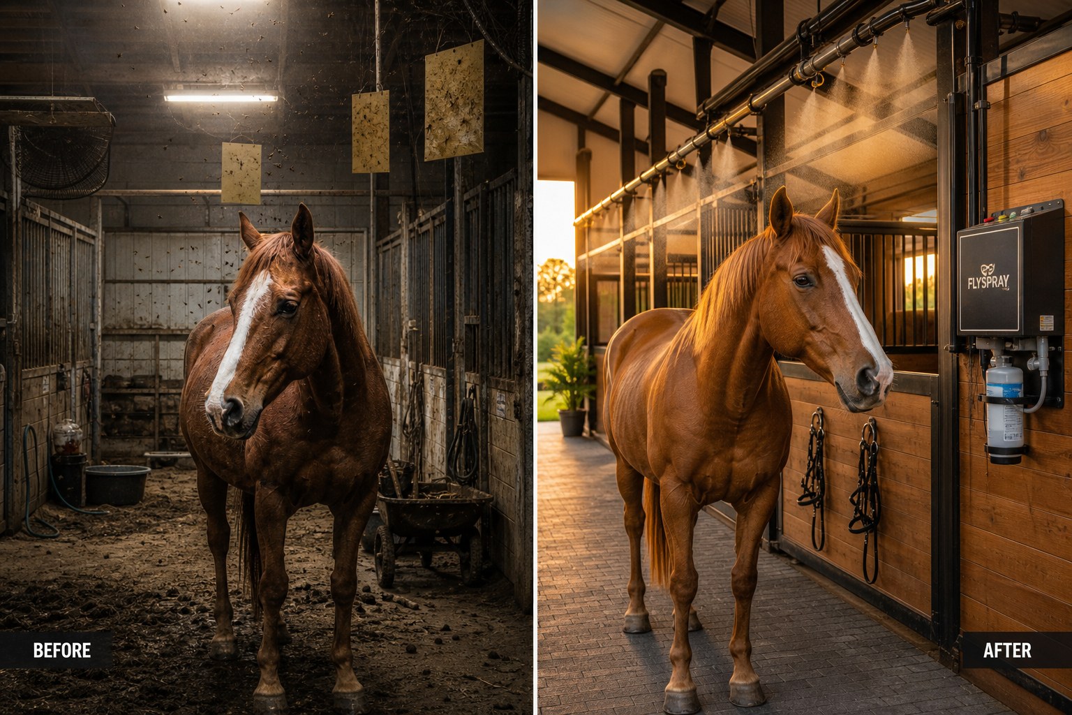 before-and-after-comparison-photograph-of-horse-20260520-190532 Before and after: stressed horse with flies vs relaxed horse in automated fly-free barn environment
