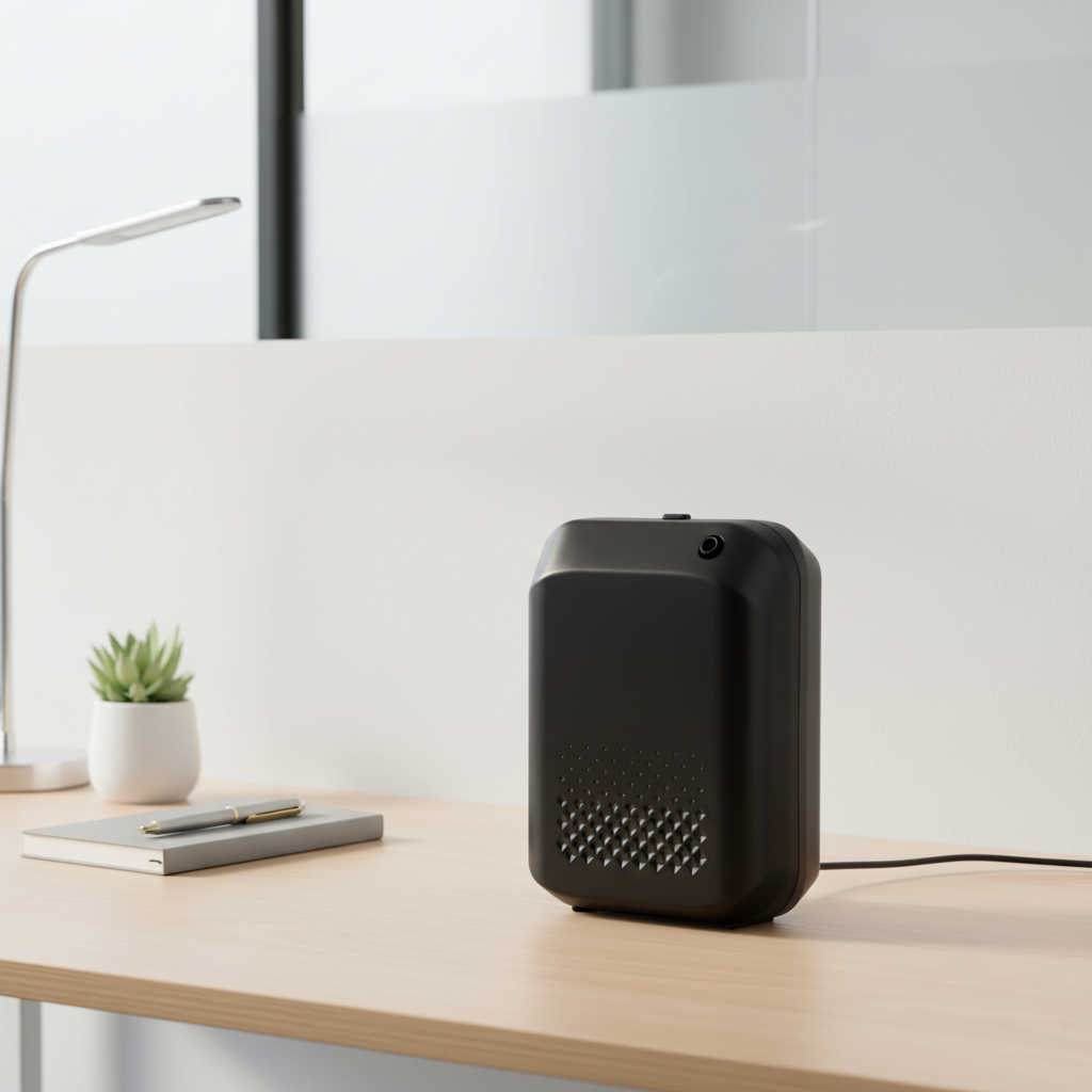 Low-angle product shot of the ASF-504B battery-powered scent machine, showcasing its compact and durable housing suitable for professional B2B environments.