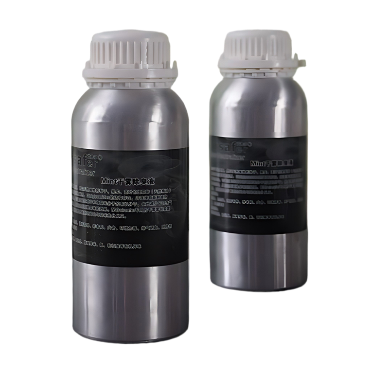 Detailed view of the natural botanical odor neutralizer container, featuring a specialized formula designed to actively bond with and break down VOCs, ammonia, and hydrogen sulfide at the molecular level.